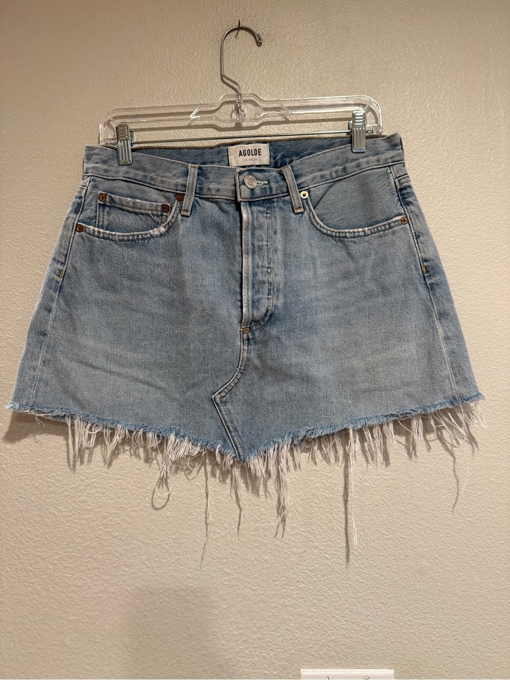 Agolde Light Blue Denim Asymmetrical Frayed Mini Skirt